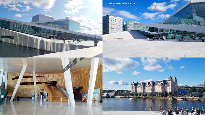 4 photo collage of the Oslo Opera House (interior and exterior) -- one of the things to do in Norway on a budget