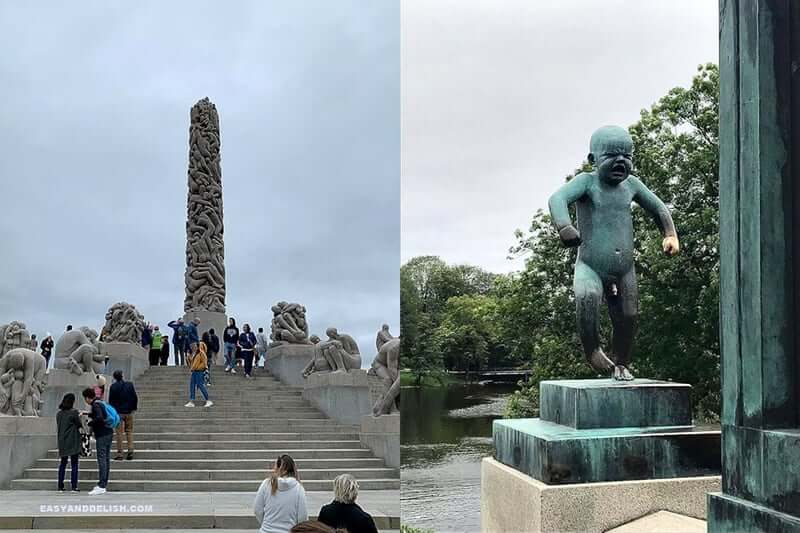 2 photo collage of the Vigeland Park in Oslo, Norway : one of the things to do in Norway on a budget