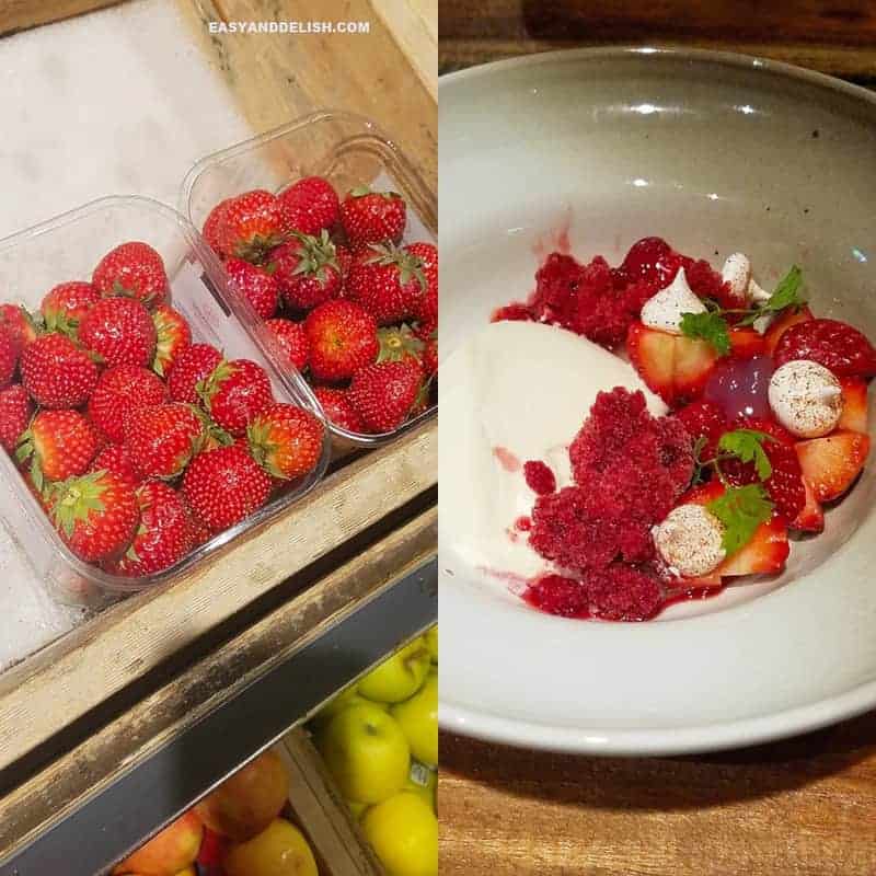 photo collage with Norwegian strawberries and a strawberry dessert -- one of the things to do in Norway on a budget