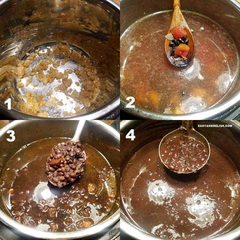 four collage images showing the step-bystep on how to make vegetarian feijaoda in the pressure cooker or instant pot