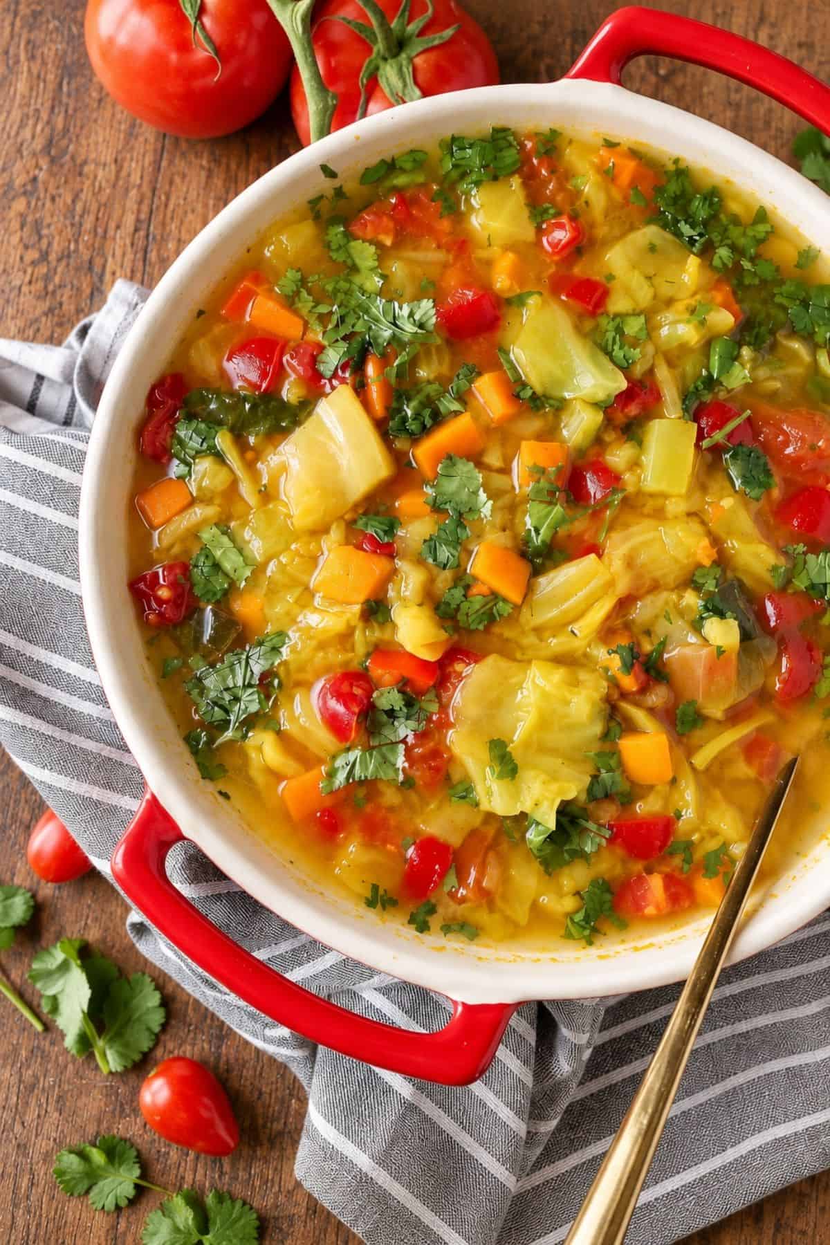 Pot of vegetable soup with fresh tomatoes and a striped kitchen towel nearby.