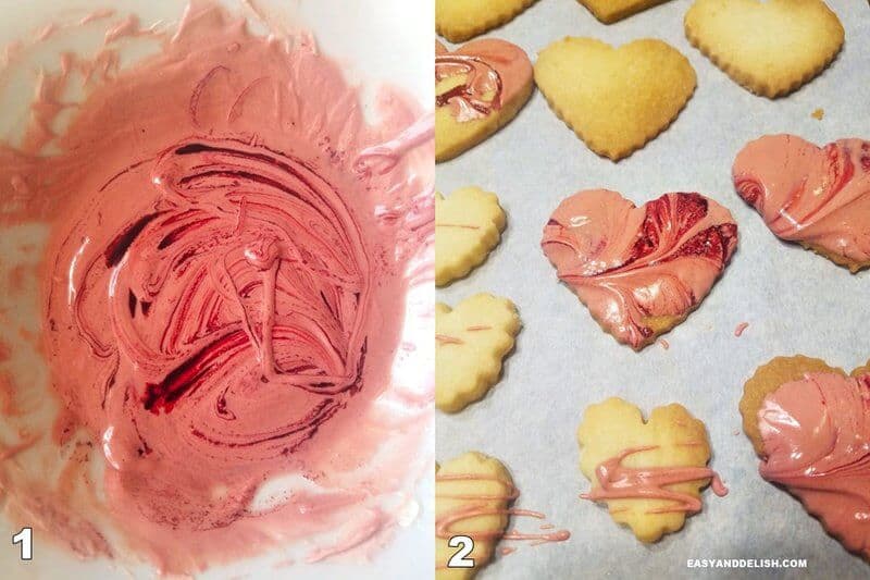 photo collage with 2 images showing how to make shortbread cookies with icing