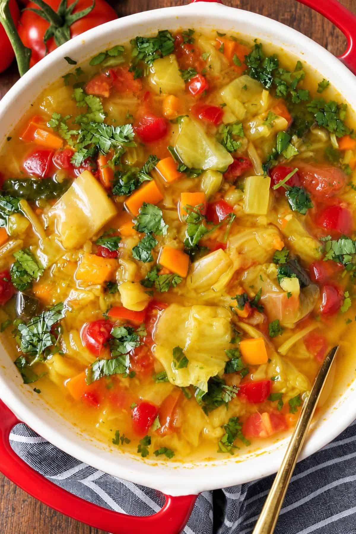 Cabbage soup with tomatoes, peppers, tender cabbage, and green herbs in a pot.