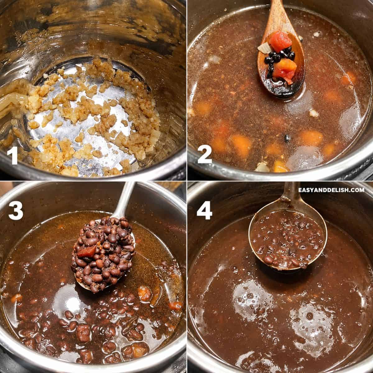 Pressure cooker steps for vegetarian feijoada, from sautéed aromatics to thickened black bean stew.