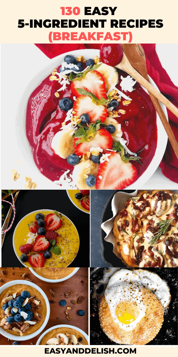 collage of 130 easy 5-ingredient recipes for breakfast