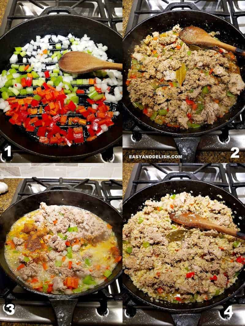 4 collage images showing the instruction on how to make cajun dirty rice