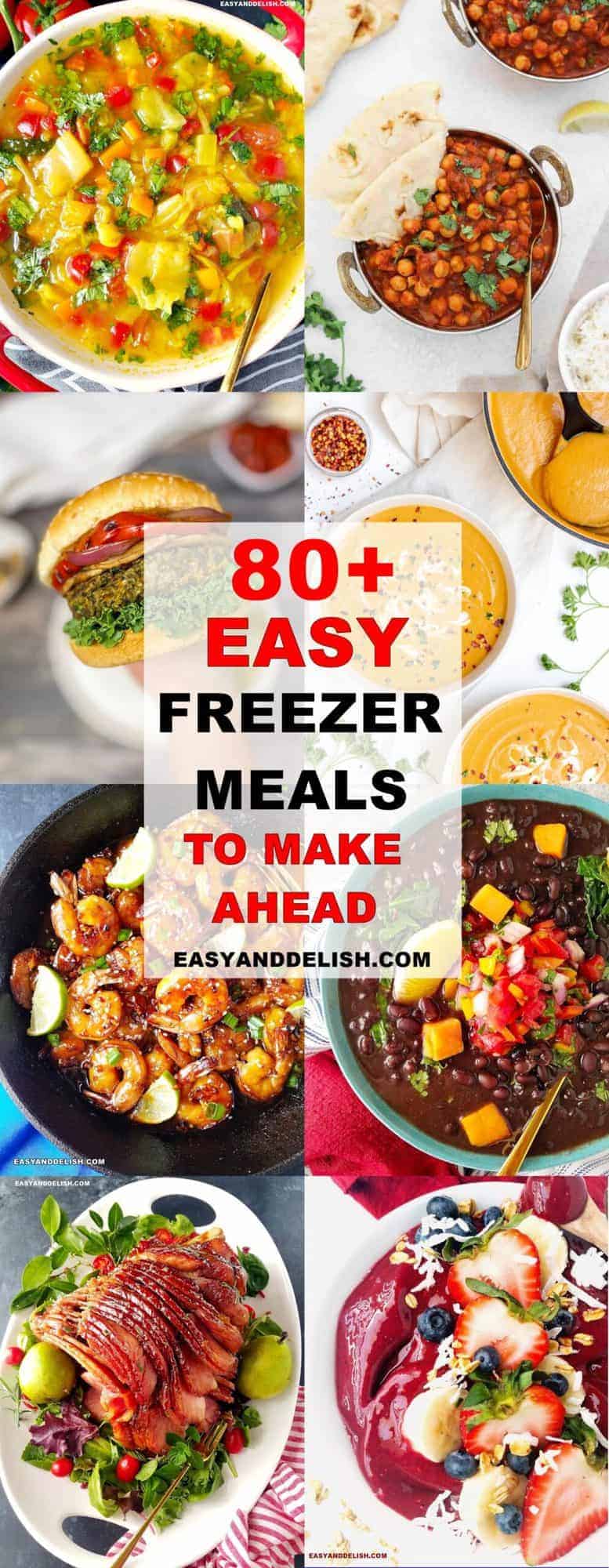 collage with more than 85 easy freezer meal recipes to make ahead