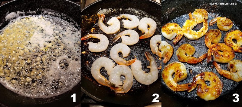 photo collage showing 3 steps to prepare butter shrimp recipe