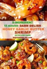 image collage showing honey garlic butter shrimp