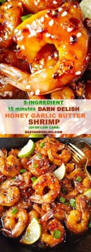 image collage showing honey garlic butter shrimp