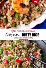 Image collage of cajun dirty rice with and without shrimp