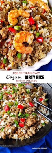 Image collage of cajun dirty rice with and without shrimp