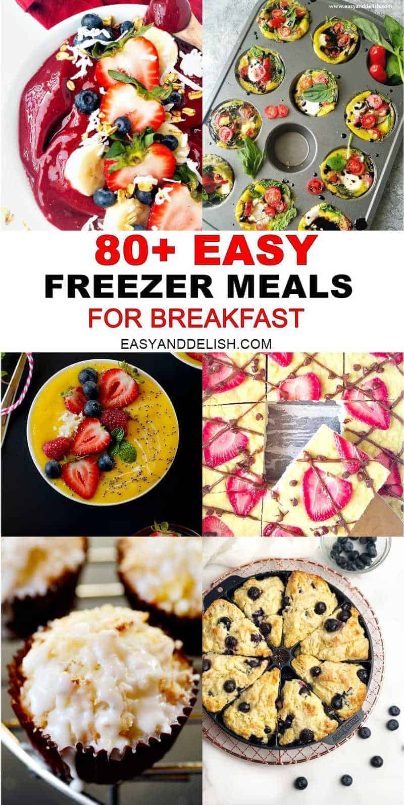 collage with breakfast recipes that can be frozen