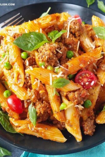 close up of a bowl of pasta Bolognese