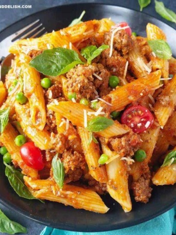 close up of a bowl of pasta Bolognese
