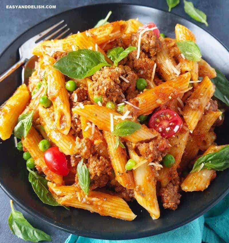 close up of a bowl of pasta Bolognese