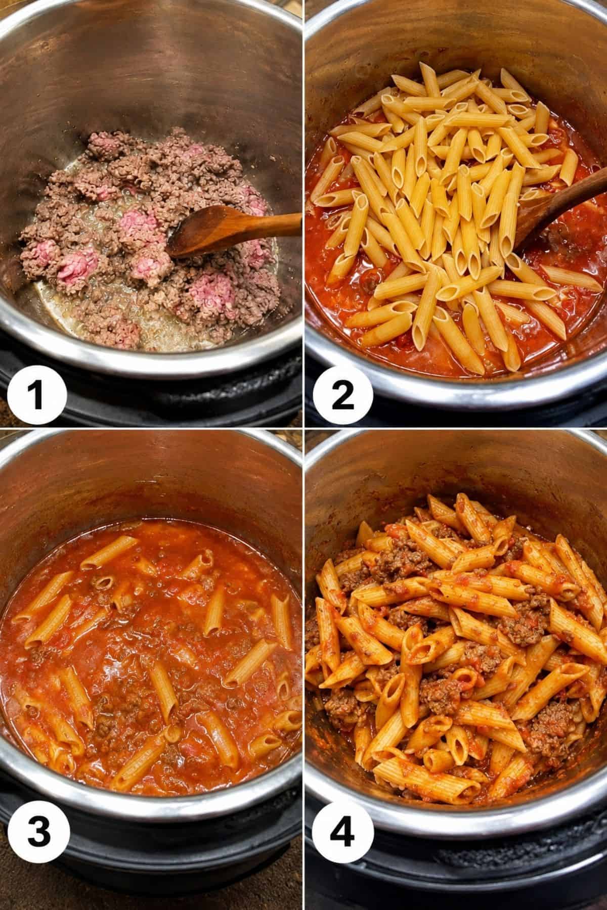 Cooking stages showing browned ground beef, penne added to tomato sauce, simmering pasta, and finished meat sauce.