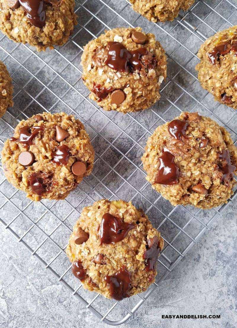 A rack full of vegan, gluten-free oatmeal chocolate chip cookies. 