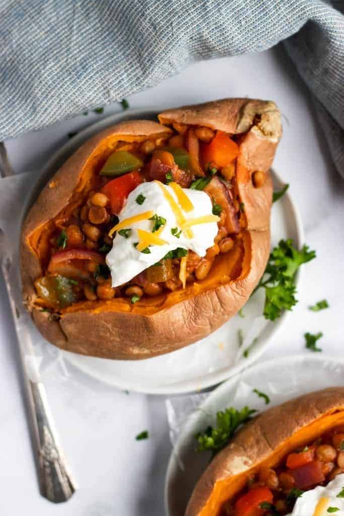 lentil sloppy Joe over a sweet potato as one of our pantry recipes