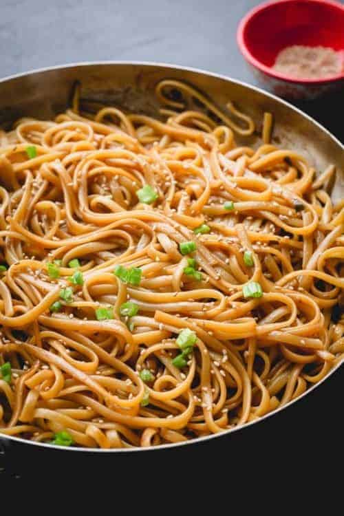 sesame noodles in a large pan for our 35 pantry recipes