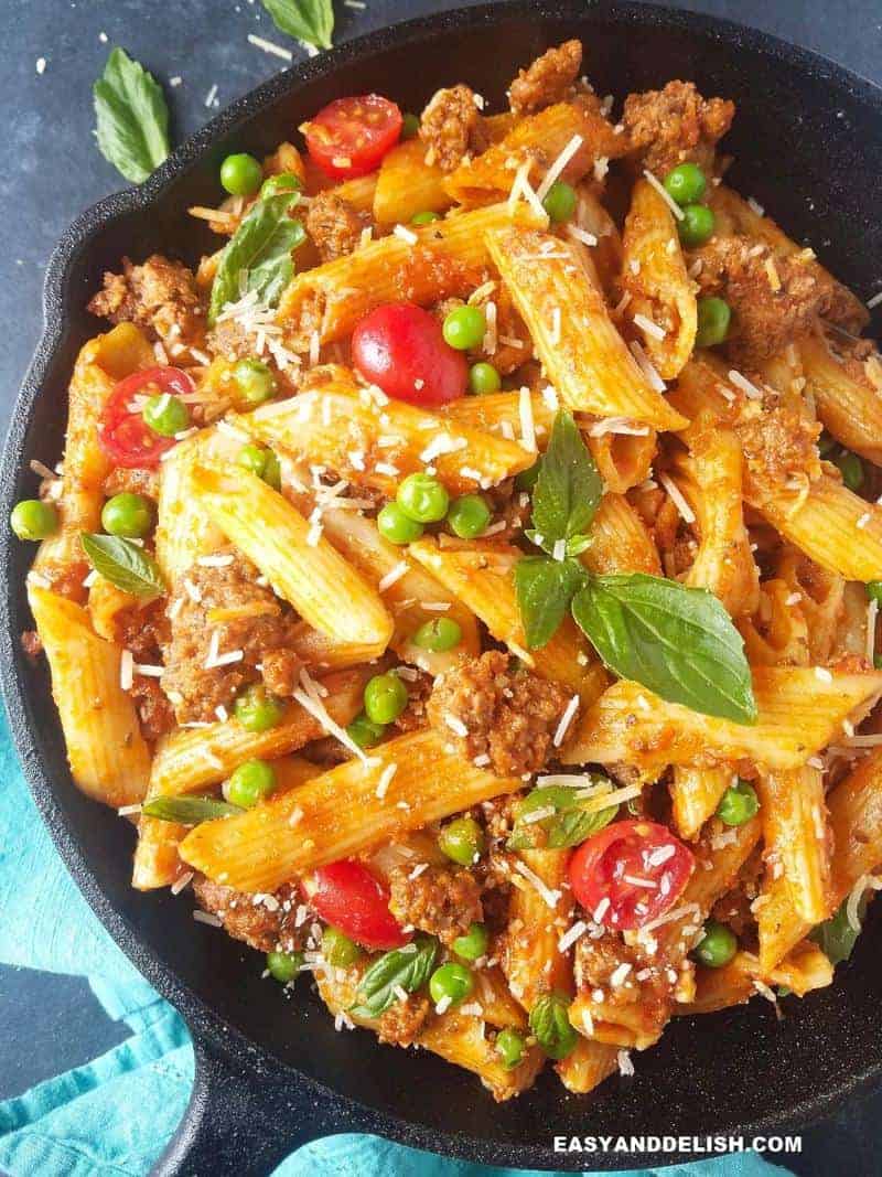 Pasta with meat sauce in a skillet