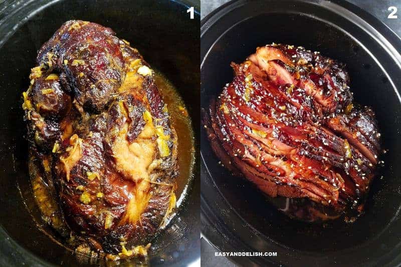 two photo collage showing how to make slow cooker ham 