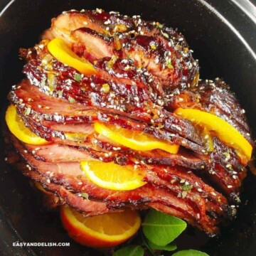 a close up of ham in a slow cooker