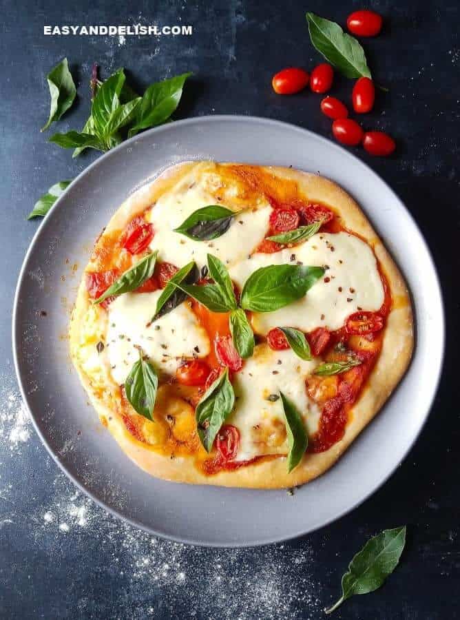 baked pizza margherita made with teast-free pizza dough from Weight Watchers