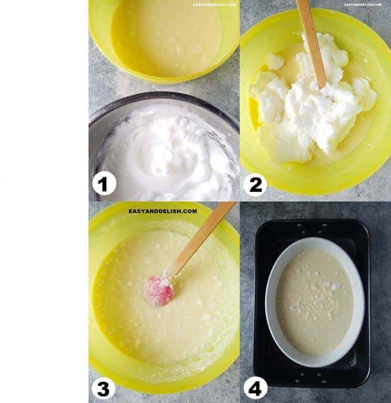 4 photo collage showing how to make the lemon pudding cake recipe