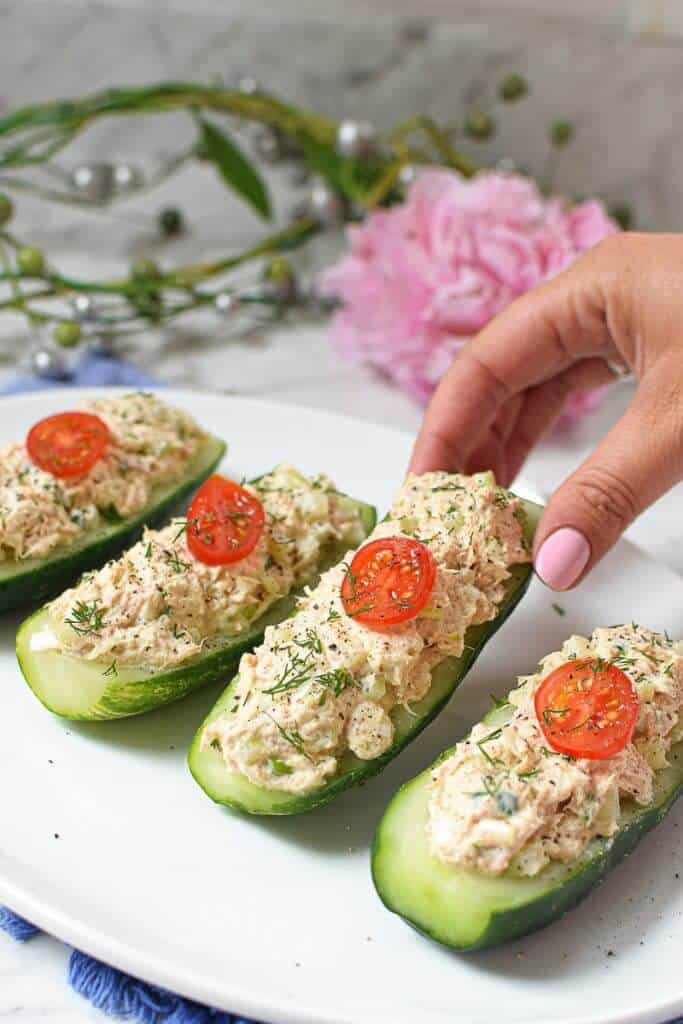 a row of tuna cucumber salad -- one of 30 quick and easy low carb dinner recipes