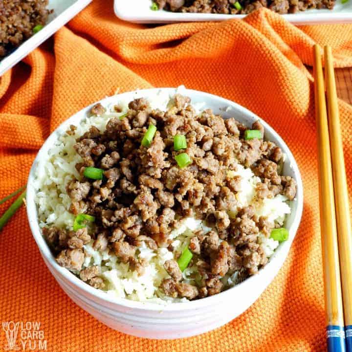 Korean ground beef with rice and chopsticks on the side