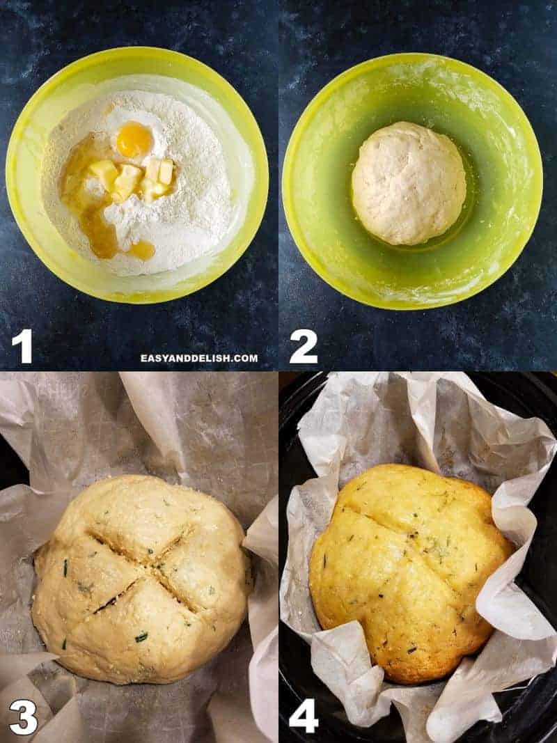 Four coolage images showing no yeast bread recipe cooking instructions