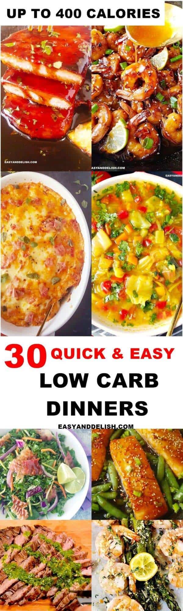 a photo collage with 8 images of quick and easy low carb dinners