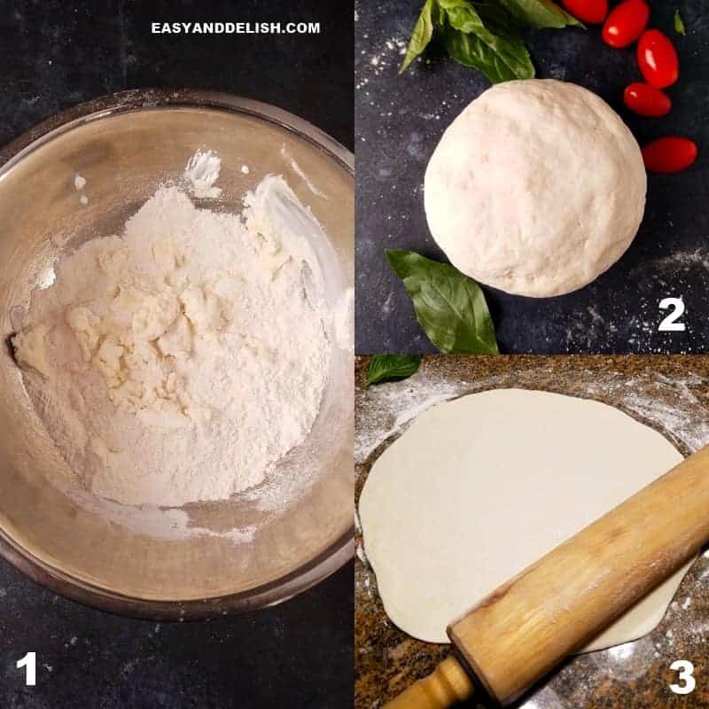 a collage with 3 images of how to make 2-ingredient pizza dough