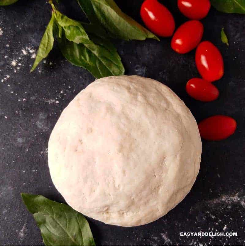 uma bola de massa de pizza facil sem fermento com tomates e manjericão