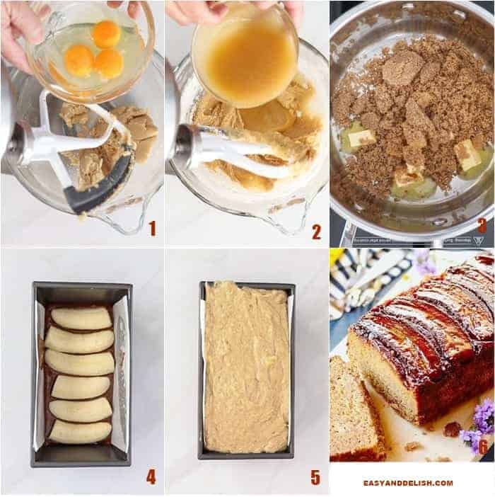 6 fotos mostrando como fazer a receita do pão de banana passo a passo