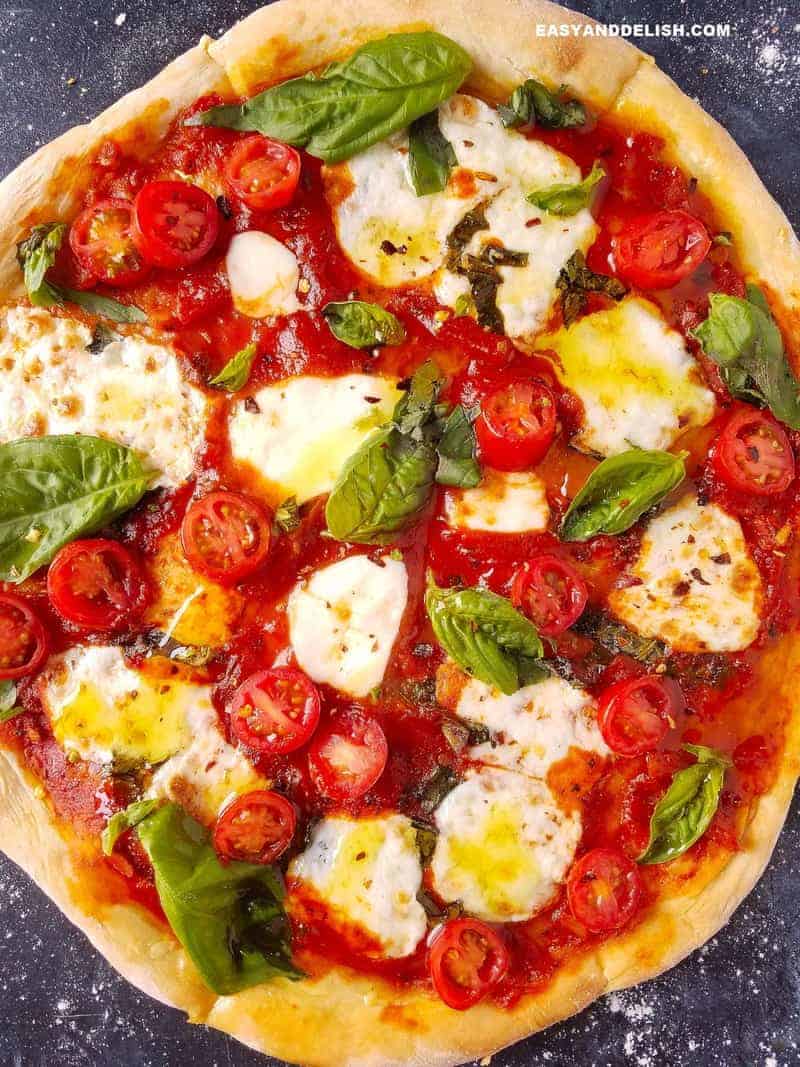 A close up of Margherita pizza as one of our quick and easy dinners