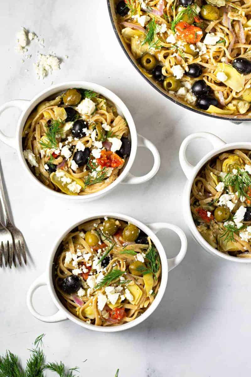 Mediterranean pasta in several ramekins or bowls as one of the easy one pot meals for dinner