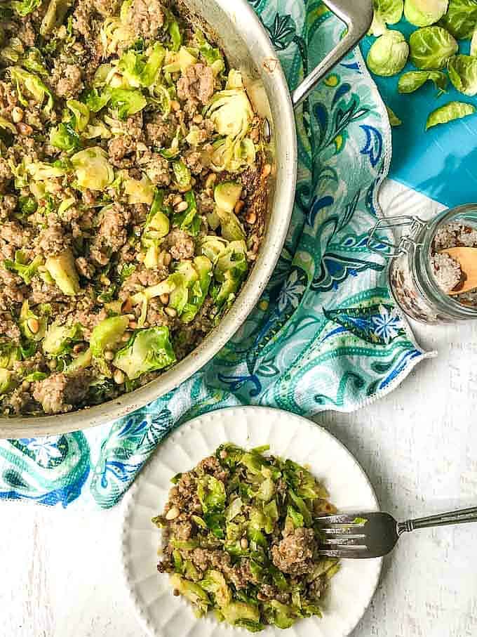 brussel sprouts hash in a pan and in a plate with fork