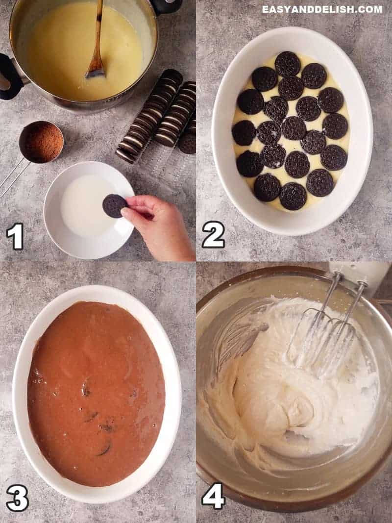 4 image collage showing how to make Oreo trifle recipe