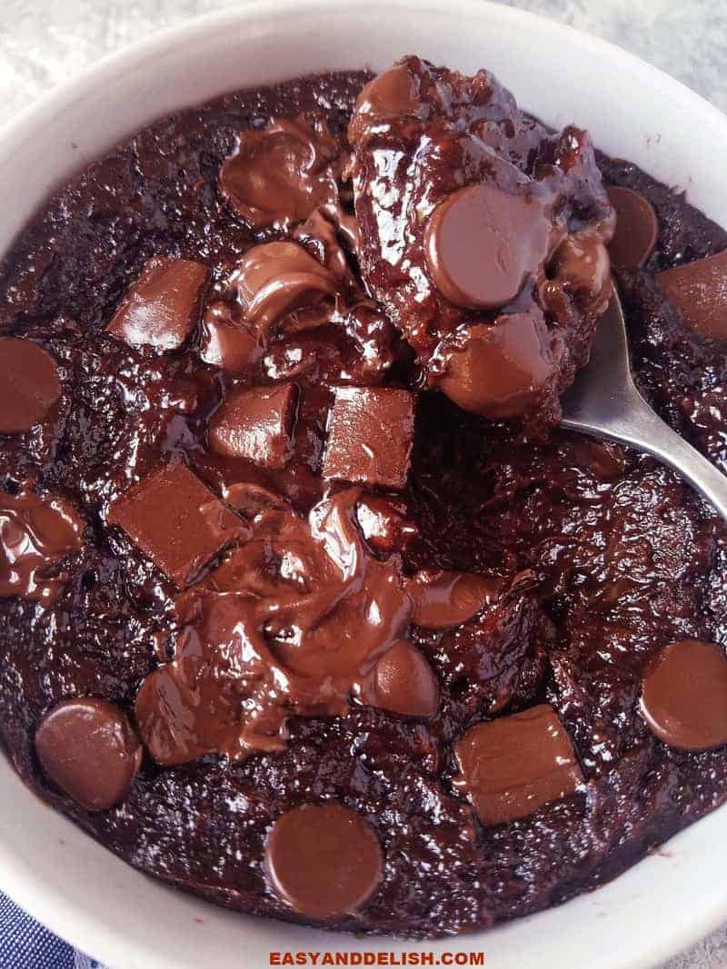 close up of Chocolate fudge mug cake as one of easy healthy desserts to make at home quickly