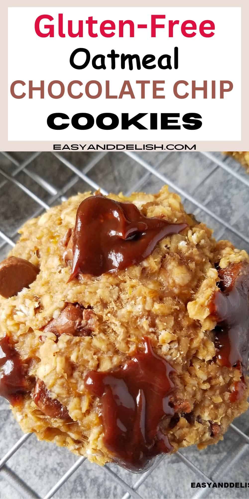 Close up of one gluten-free oatmeal chocolate chip cookie on a wire rack. 