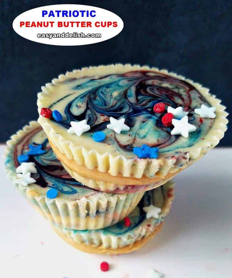 3 patriotic or red, white and blue peanut butter cups piled up