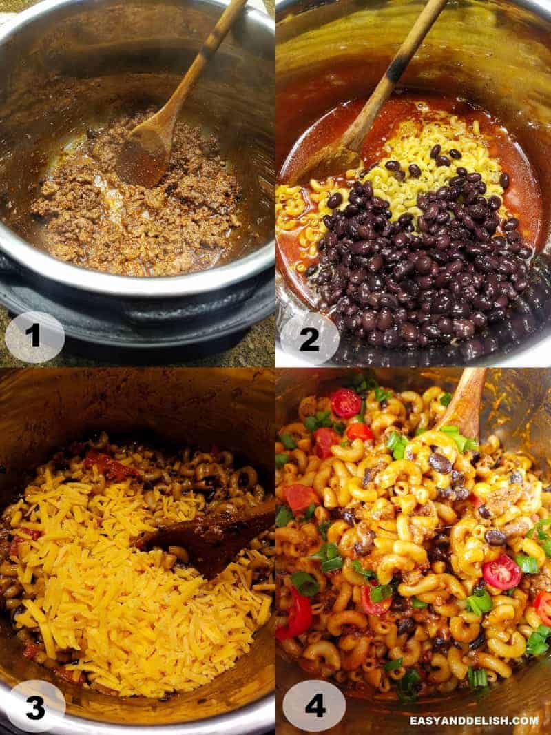 quatro fotos mostrando como fazer o macarrão na panela de pressão com carne moída