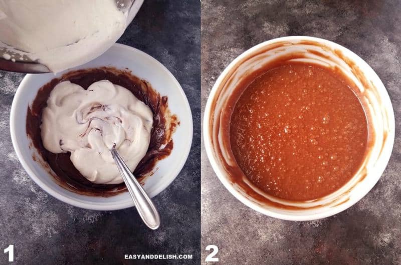 duas fotos mostrando como fazer mousse de chocolate