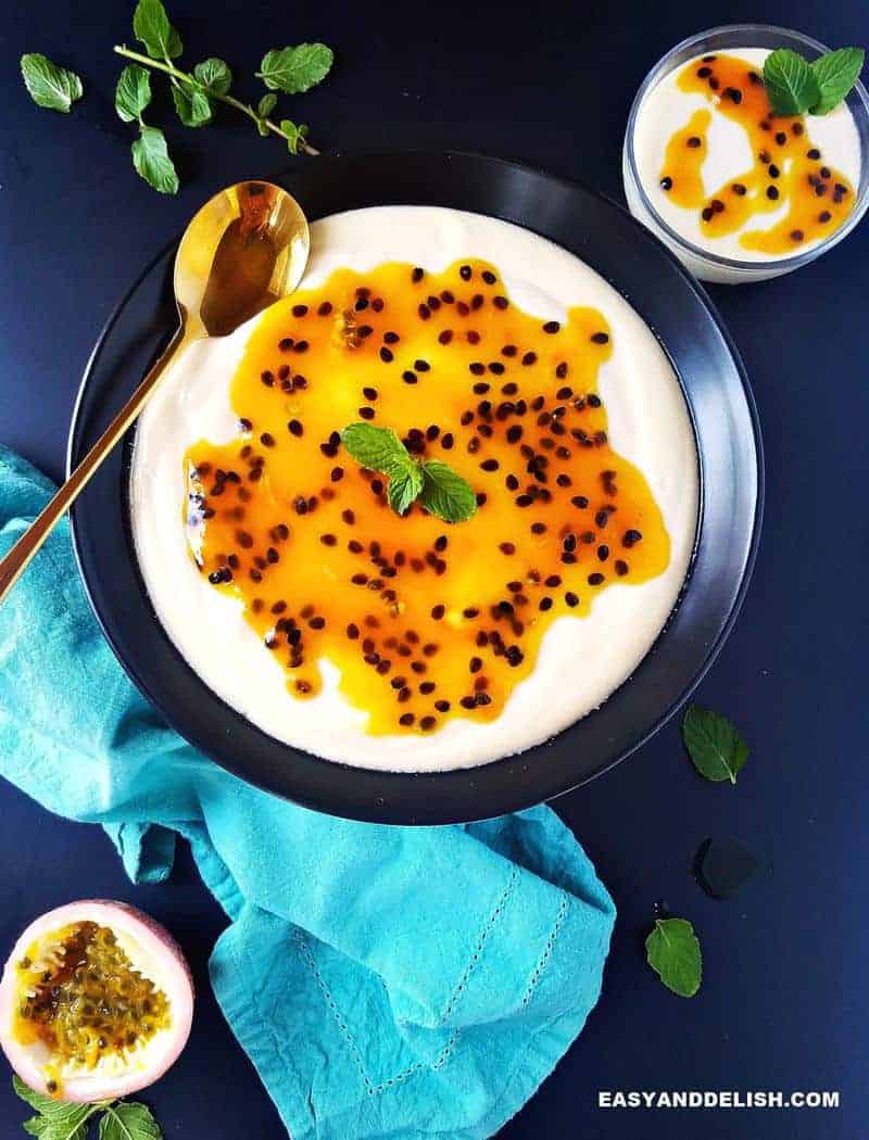 mousse in a bowl and also in a ramekin with garnishes on the side