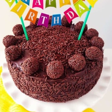 brigadeiro cake with happy birthday cake bunting topper