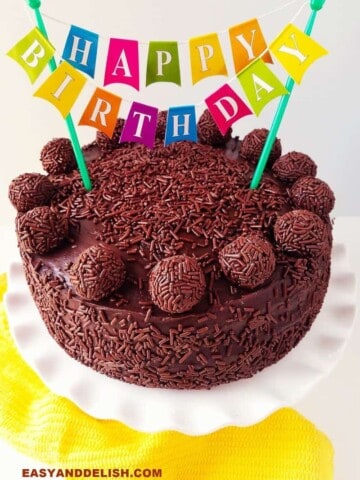 brigadeiro cake with happy birthday cake bunting topper