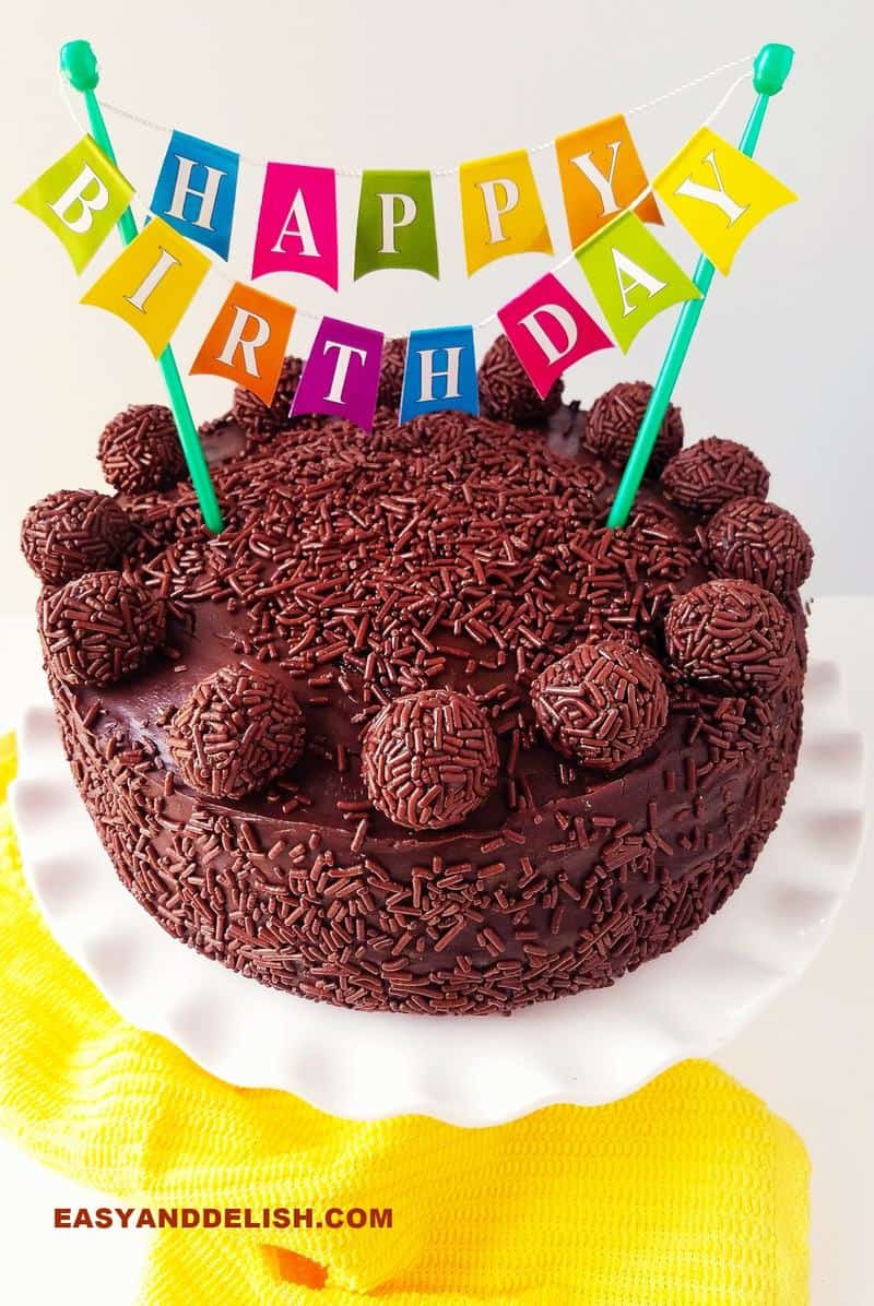 brigadeiro cake with happy birthday cake bunting topper