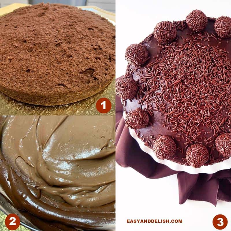 3 fotos mostrando como fazer a receita de bolo de brigadeiro